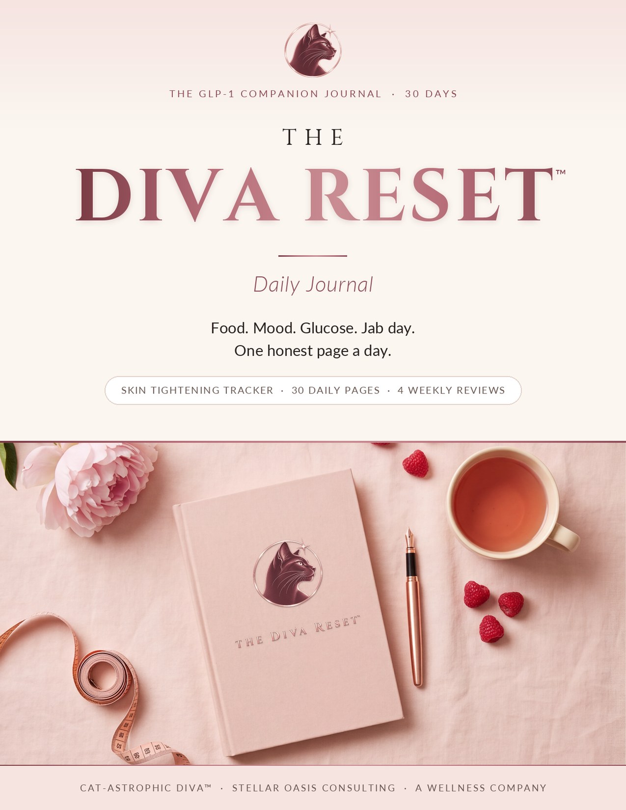 The Diva Reset Daily Journal cover with a blush journal stamped with the Cat-Astrophic Diva cat mark