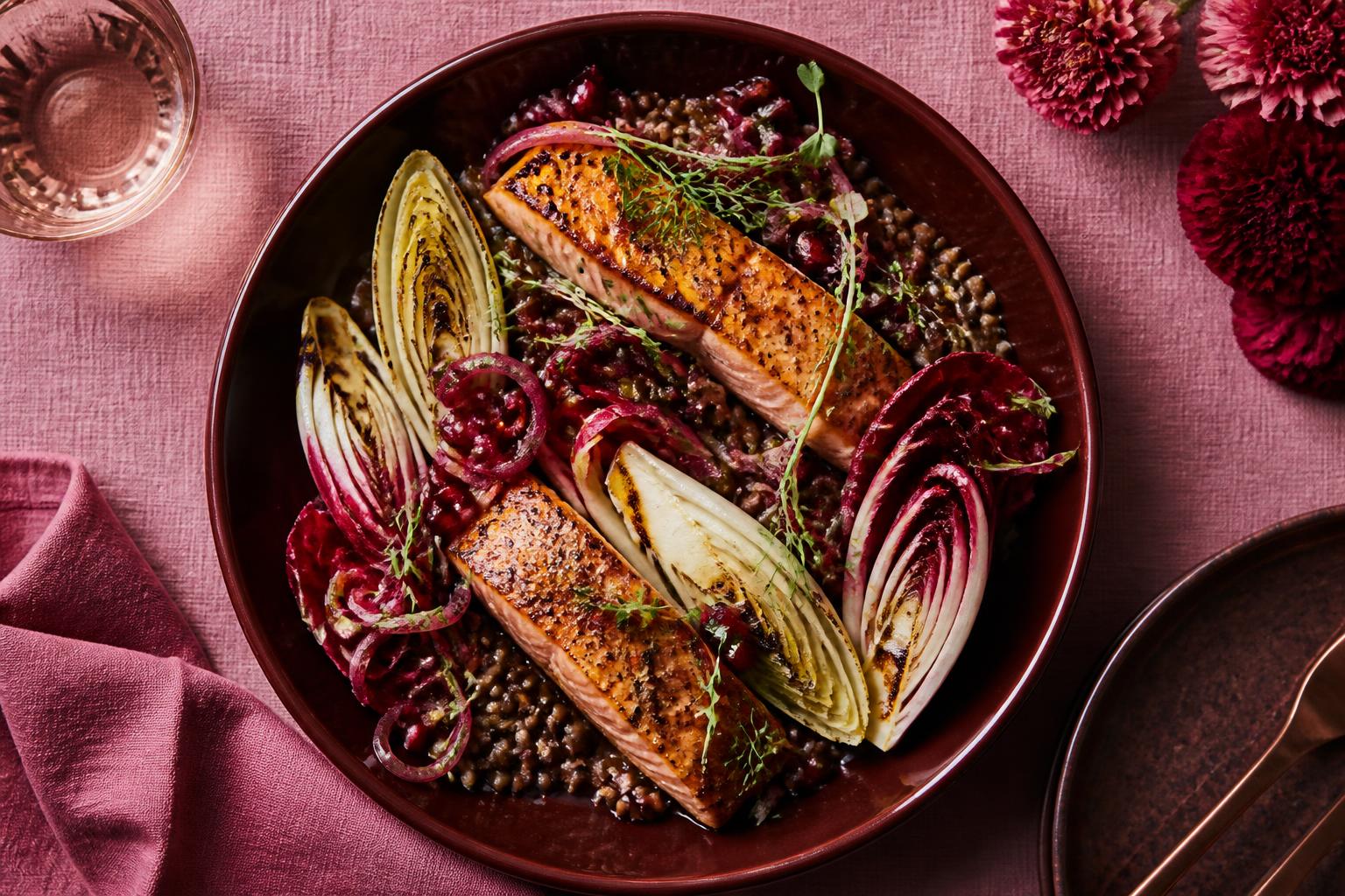 Seared salmon, lentils and charred chicory on dusty rose linen